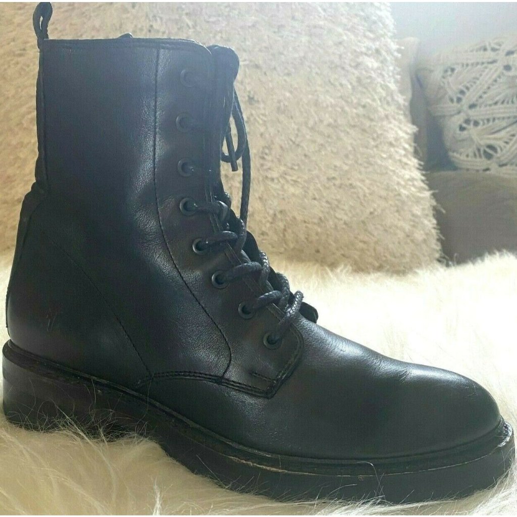 Frye Black Leather Combat Moto Boots